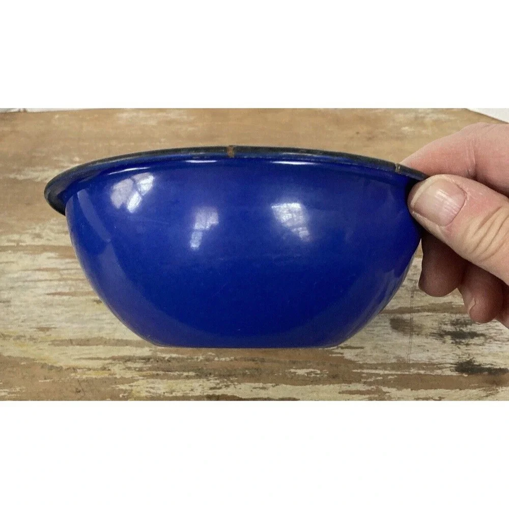 Vintage enameled enamelware bowls blue green olive Made in Poland stamp